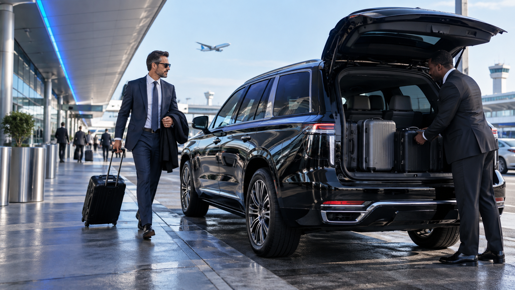Chauffeur assisting an airport passenger with luggage