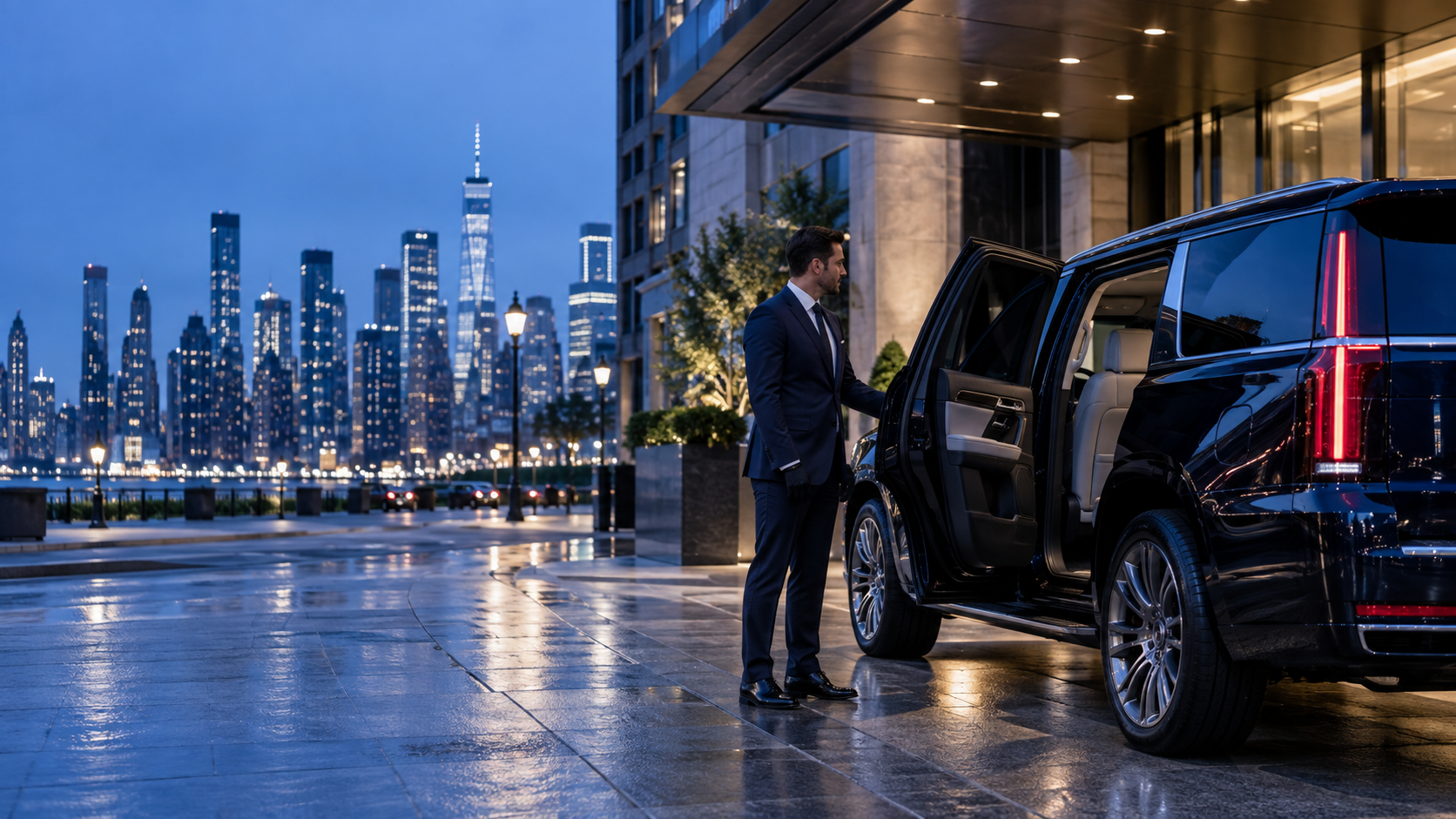 Professional chauffeur beside a luxury SUV in New York